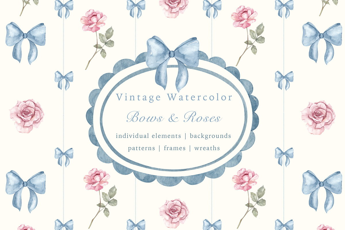 Bows and Roses. Vintage watercolor., a Decorative Illustration by Ooh Lily (Photo 1 of 14)