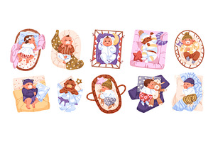 Cute babies sleeping in bed set, a Person Illustration by PaperTrident