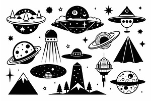 UFO and Space Elements Monochrome, an Object Illustration by LaVika
