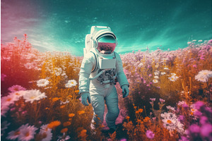 Astronaut Standing Field Flowers