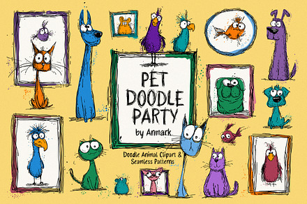 Pet Doodle Party. Clipart & Patterns