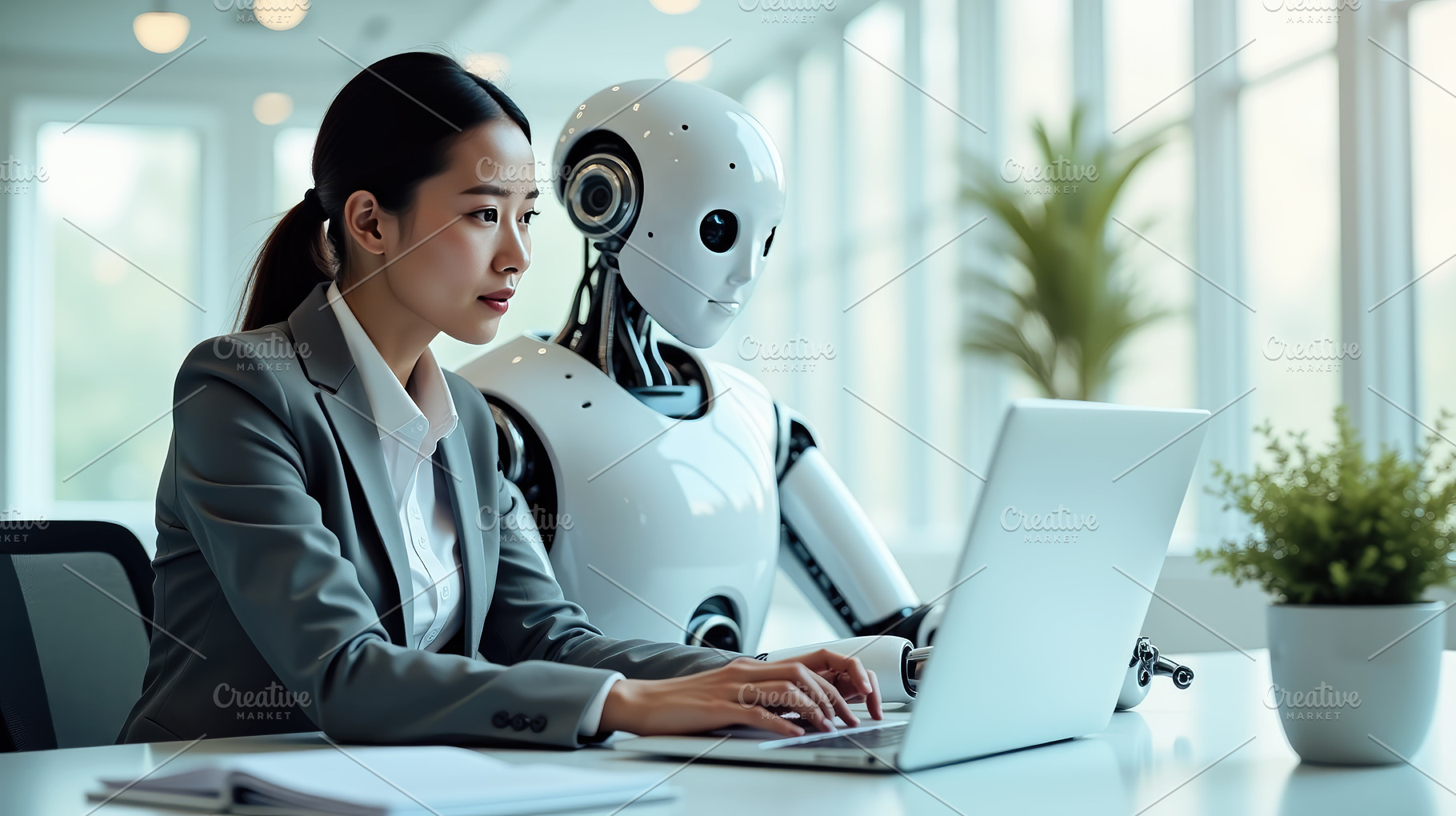 Executive woman working with robot i, a Photo by Perpis