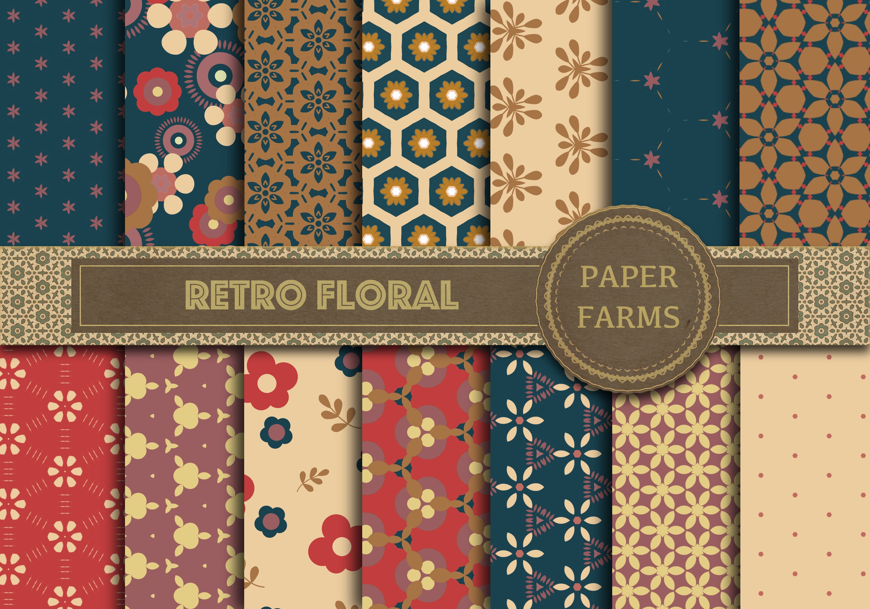 Retro floral digital paper, a Pattern Graphic by Paper Farms