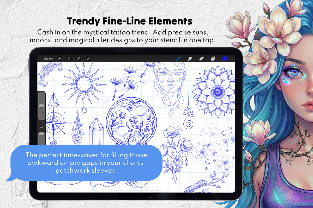 250 Floral Tattoo Procreate Stamps, a Brush Add-On by Selentaori Studio (Photo 7 of 11)