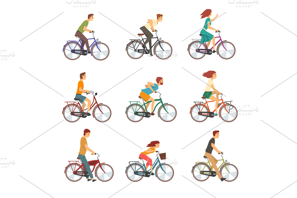 People Riding Bicycles Set, Men and, a Sport Illustration by TopVectors