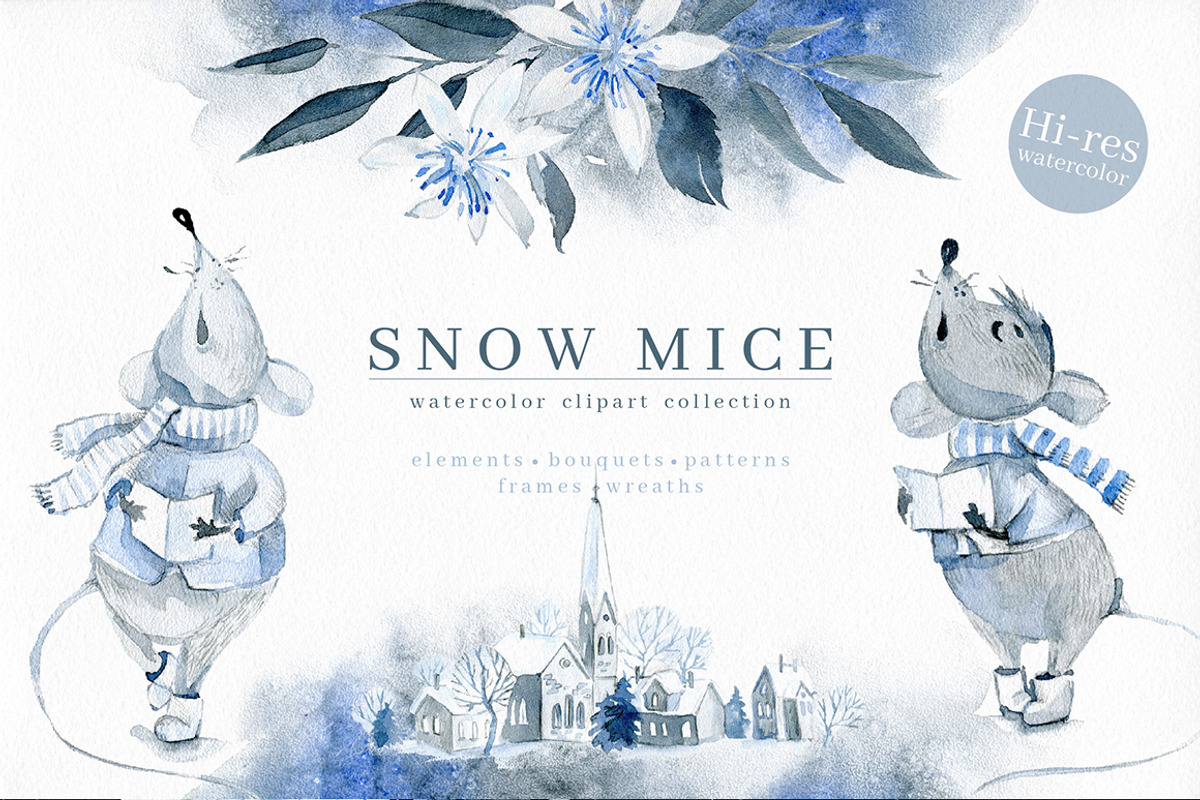 Snow Mice. Clipart set., a Decorative Illustration by Dinkoobraz (Photo 1 of 12)