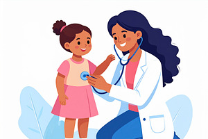 Pediatrician checking a smiling child’s heartbeat with a steth, a Healthcare Illustration by DanFLCreativo