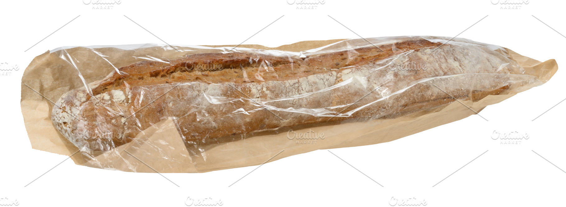 Crispy baguette in paper bag on isolated background, a Food & Drink Photo by ndanko