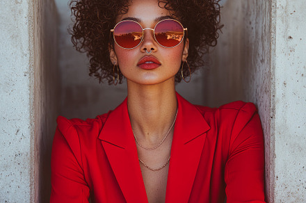 Fashion model in red outfit with sunglasses posing outdoors, a Photo by AS photostudio