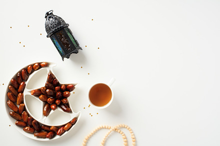 Ramadan Kareem greeting card template. Flat lay composition with dried dates, A, a Holiday Photo by photoguns