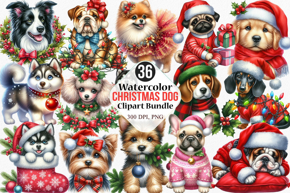 Watercolor Christmas Dog Clipart, an Illustration by Canvas Craft (Photo 1 of 8)