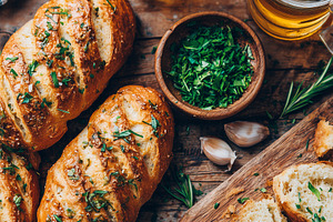 Rustic garlic bread with fresh herbs, a Food & Drink Photo by MistyDay