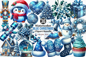 Watercolor Blue Christmas Clipart, an Illustration by Canvas Craft