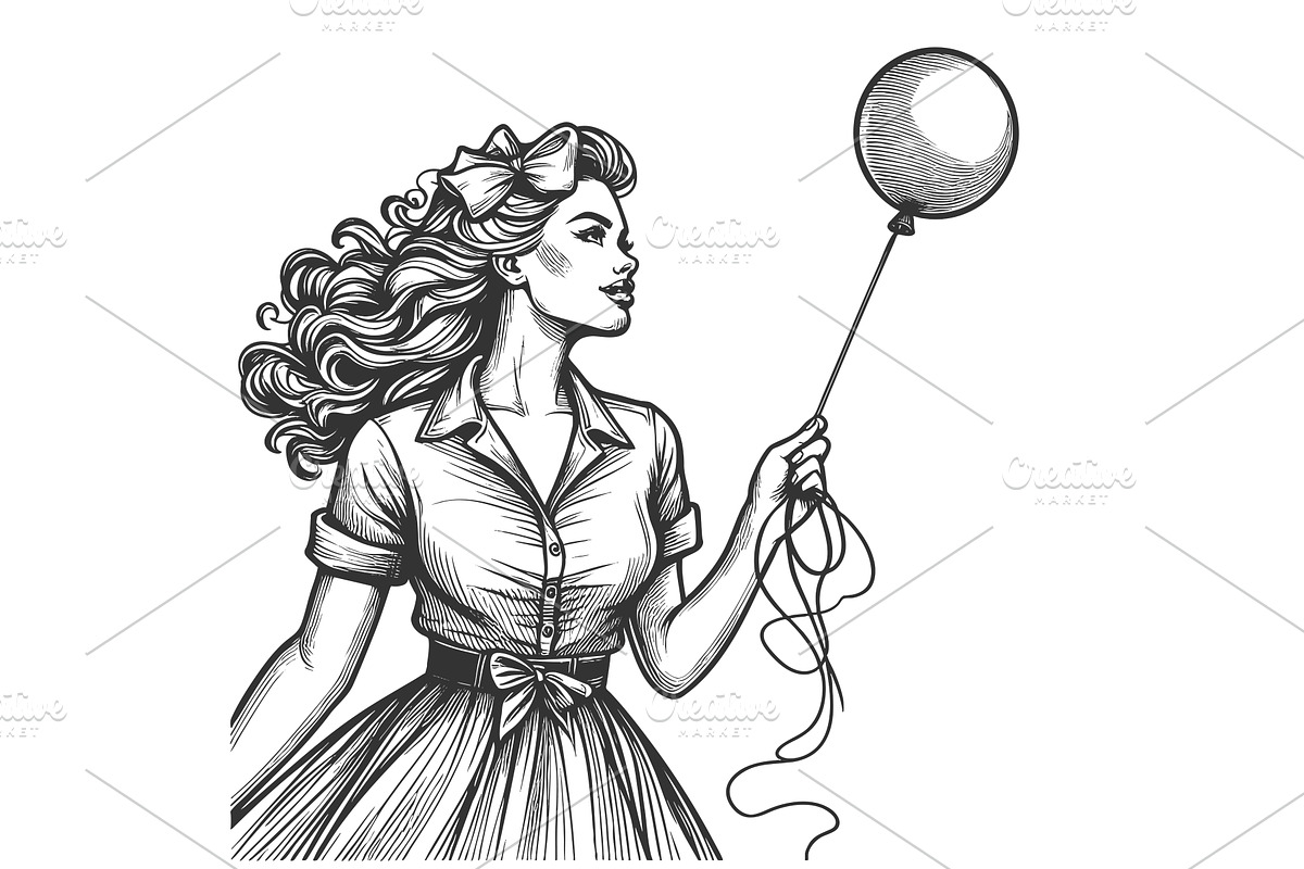 woman holding balloon vector, a Person Illustration by AlexArt