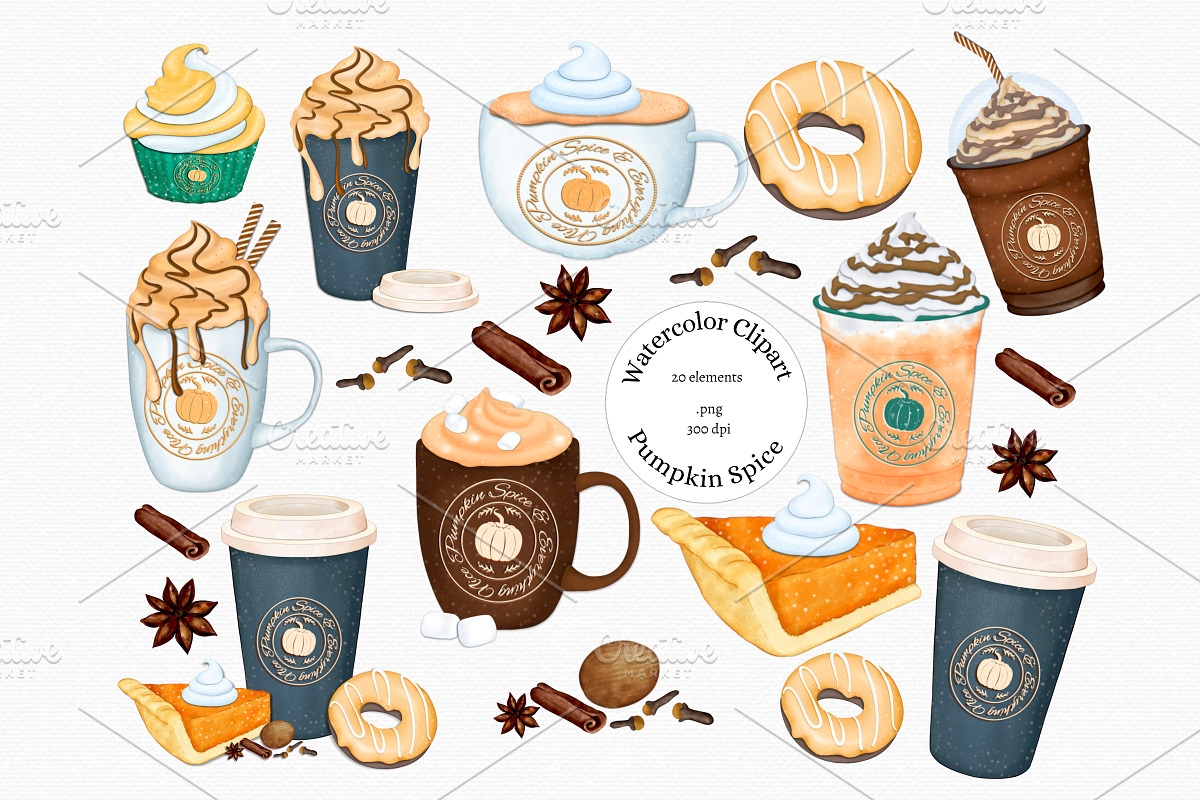 Watercolor Pumpkin Spice Clipart, an Illustration by MiracleArtAndDesign (Photo 1 of 4)