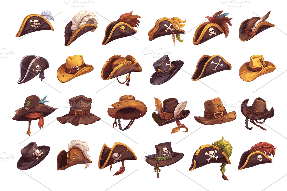 Cartoon Pirate Hats Icon Set. White, an Object Illustration by LadadikArt