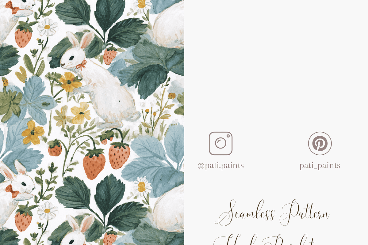 Cute White Bunny Seamless Pattern with Strawberries and Flowers