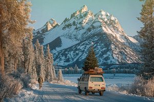 Vintage van carrying decorated Christmas tree and gifts parked o, a Holiday Photo by José Manuel Gelpi