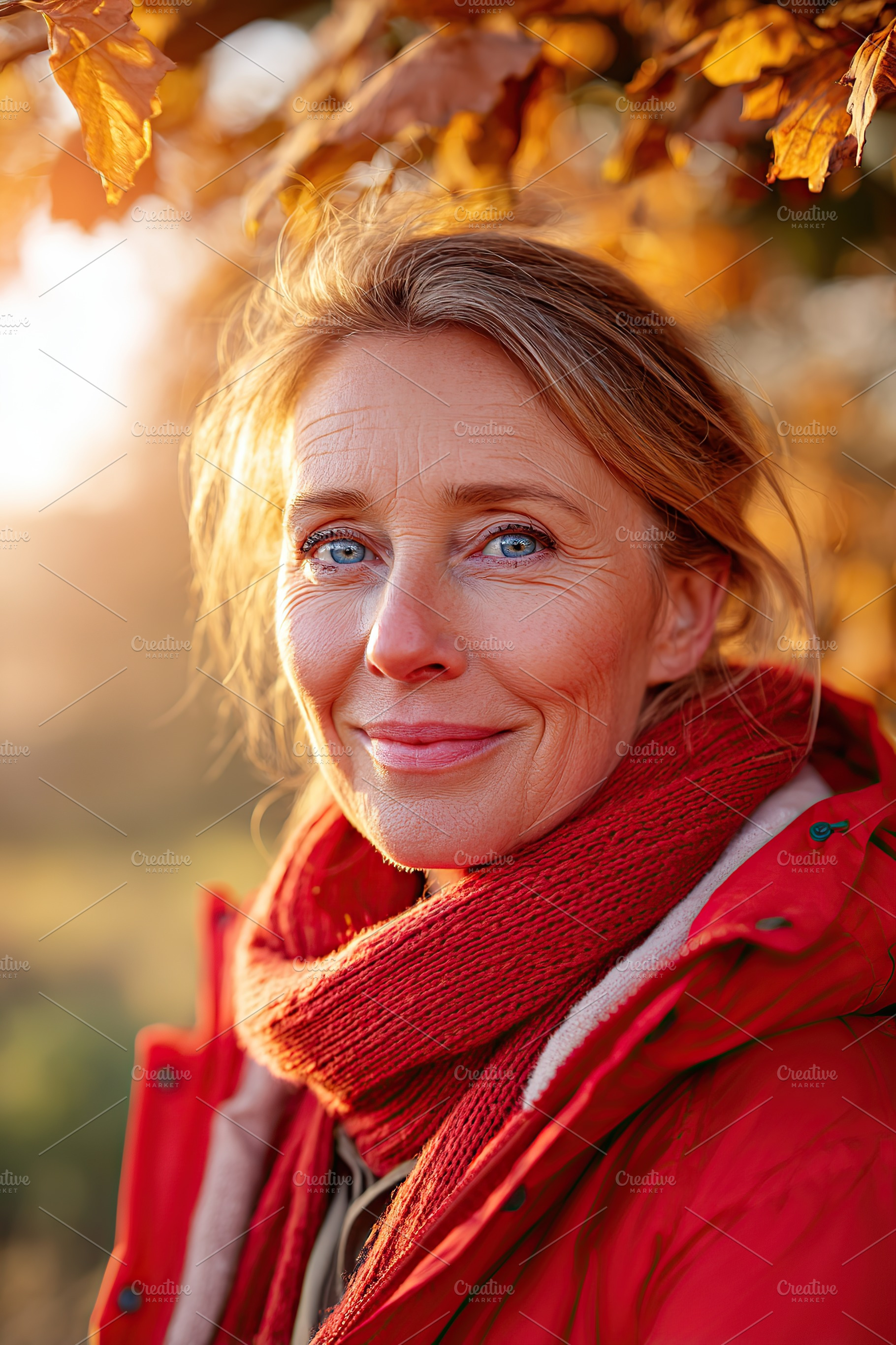 Woman enjoying a peaceful autumn sunset with bright eyes and clear skin, a Person Photo by AlyaAnd