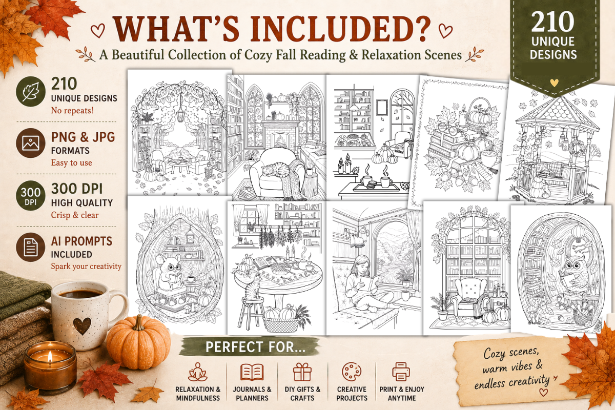 210 Cozy Fall Reading Coloring Pages, a Seasonal Illustration by Daffodil Dream Studio (Photo 2 of 3)