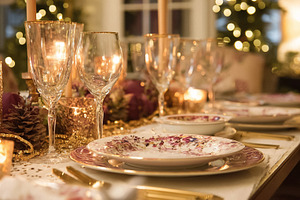 Elegant table setting for a festive dinner, showing golden accen, a Photo by Studio ANNA