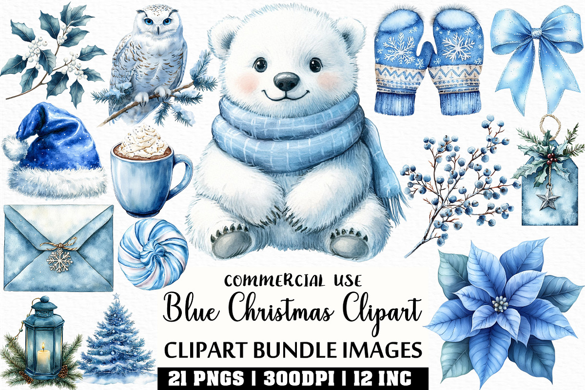 Watercolor Blue Christmas Clipart, an Illustration by Craft Nest (Photo 1 of 6)