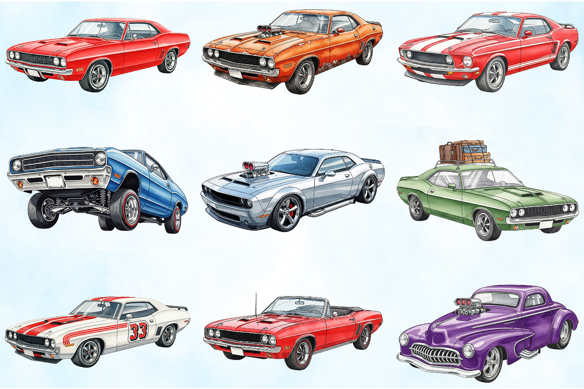 Retro Muscle Car Art Pack, an Illustration by Craft Nest (Photo 4 of 6)