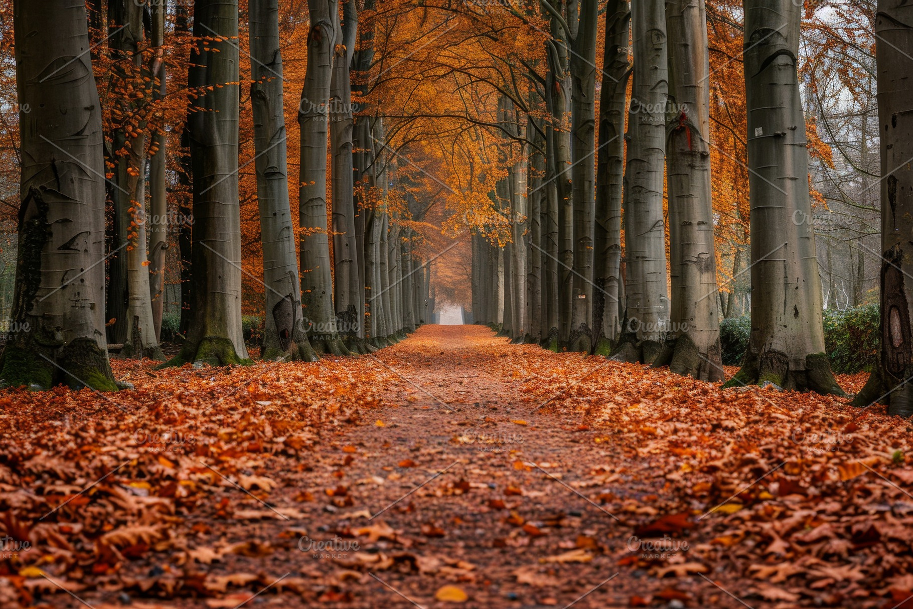 A serene path winds through tall tre, a Photo by Tanuart