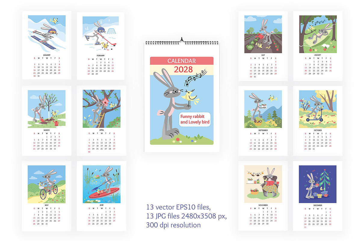 2028 Kids Calendar Rabbit & Bird, an Animal Illustration by Natali_Zhy (Photo 2 of 7)