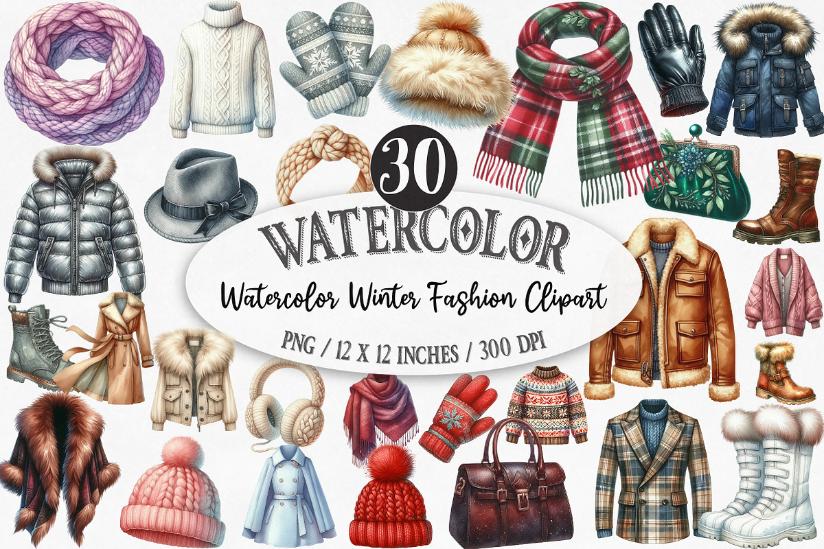 Watercolor Winter Fashion Clipart, an Illustration by Designking (Photo 1 of 5)