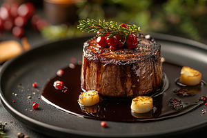 Exquisite michelin star level dish with tender steak and rich sauce on elegant, a Food & Drink Photo by AlyaAnd