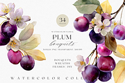 Watercolor Plum Bouquet Clipart, a Decorative Illustration by ThaismotaCreativeCo (Thumbnail 1 of 12)