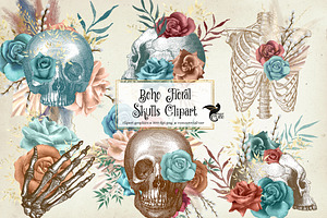 Boho Floral Skulls Clipart