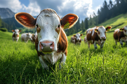 Cows graze in a lush green meadow be, an Animal Photo by Pixeness