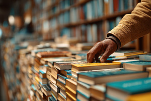 Hand choosing a book from a stack in, a Photo by Pixeness Studio