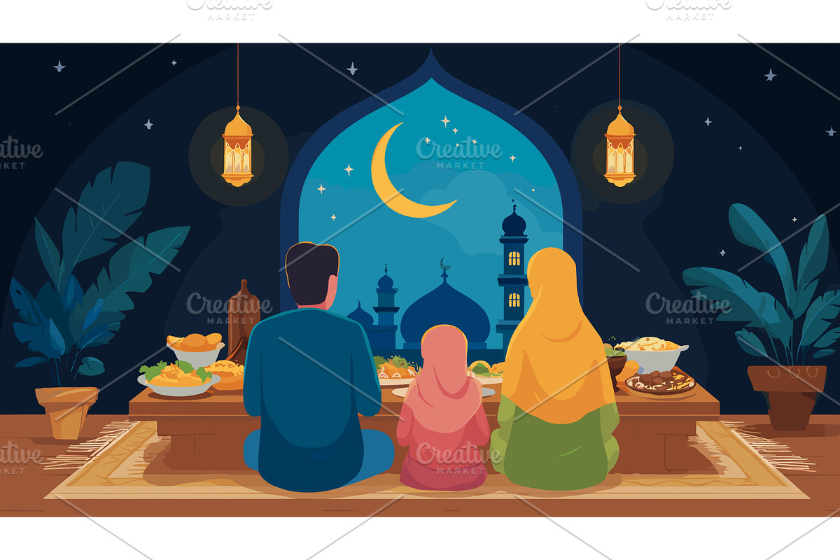 Family iftar back view. Muslim, an Illustration by Stock-Smart-Start