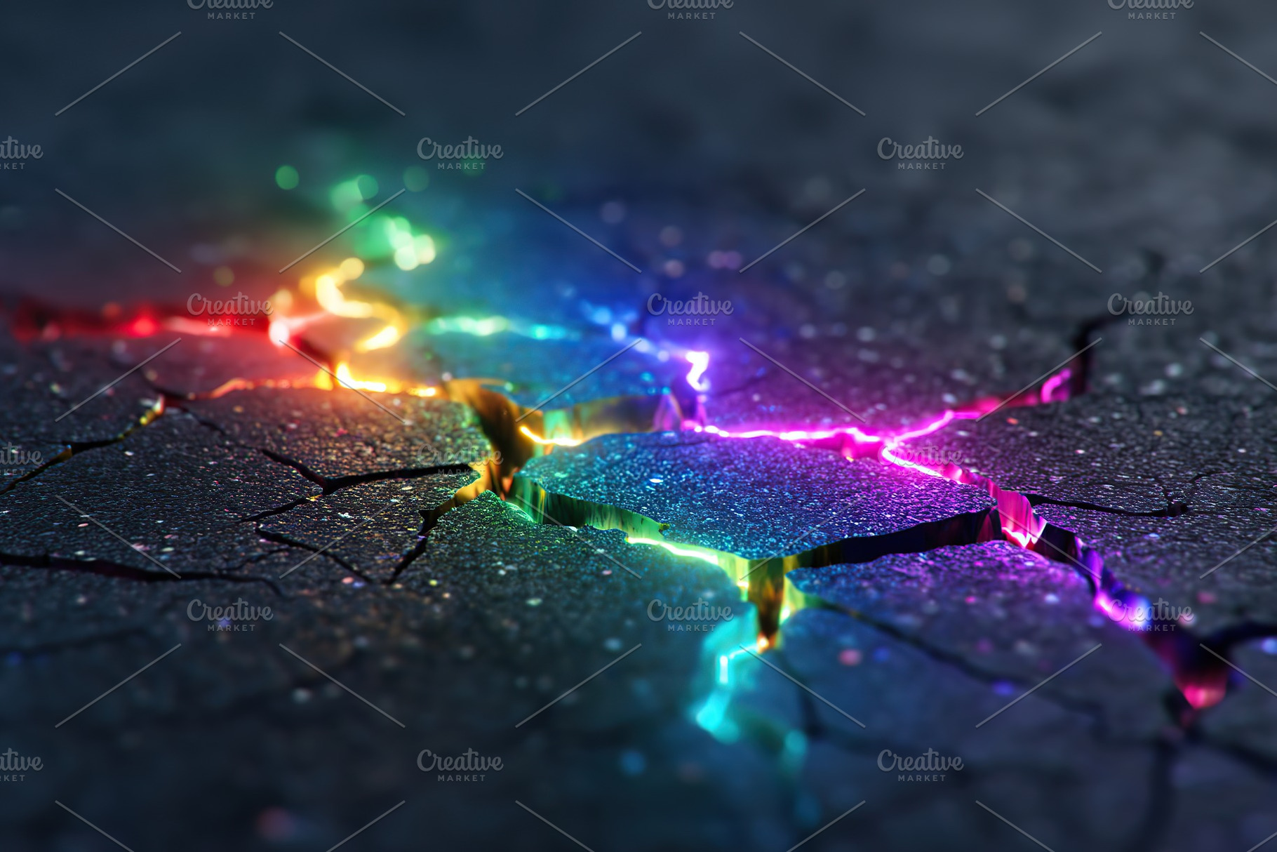 Vibrant rainbow cracks on a matte dark textured surface at twilight, a Background Photo by AlyaAnd