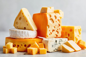 Assorted cheese assortment on neutral background, a Food & Drink Photo by AlyaAnd