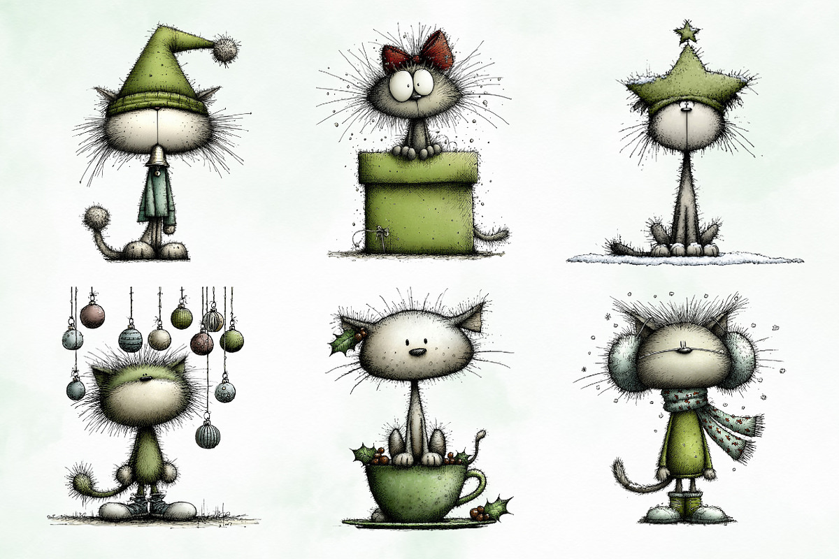 Whimsical Christmas Cats Clipart, an Illustration by Creative Art (Photo 10 of 14)