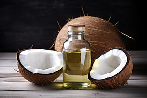 Coconut and coconut oil in glass bottle on wooden table, a Food & Drink Photo by AlyaAnd