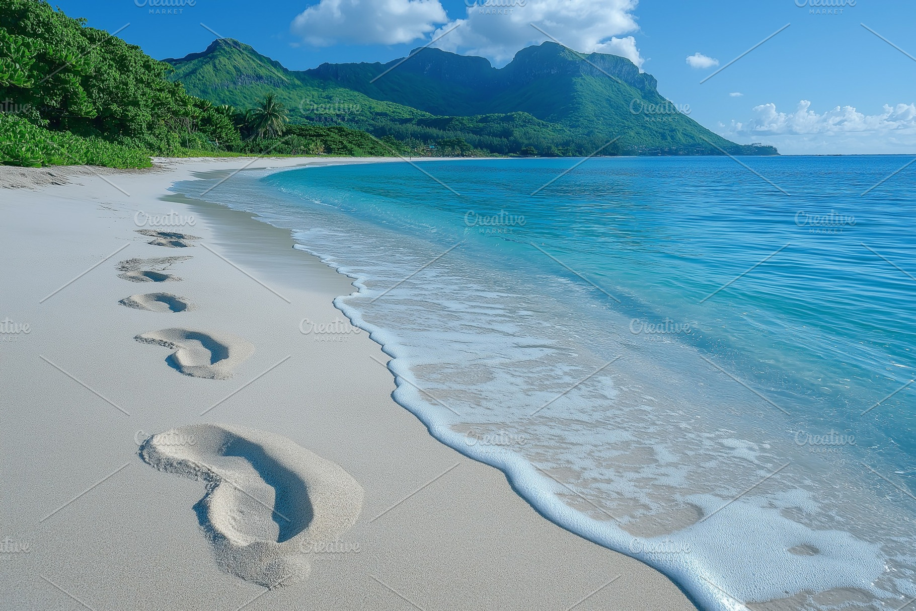 Footprints on the serene sandy beach with crystal clear water and lush mountain, a Background Photo by ImageMir