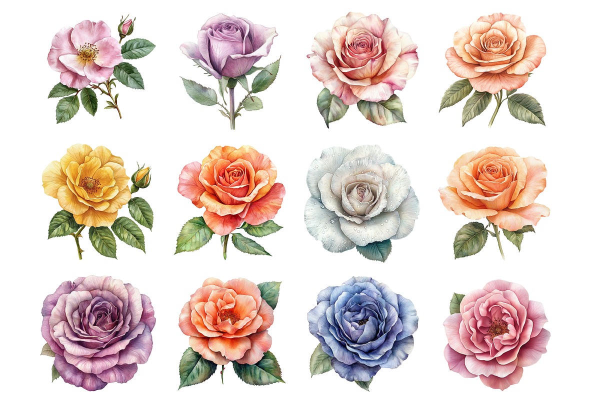 Watercolor Rose Clipart, a Seasonal Illustration by Design Market