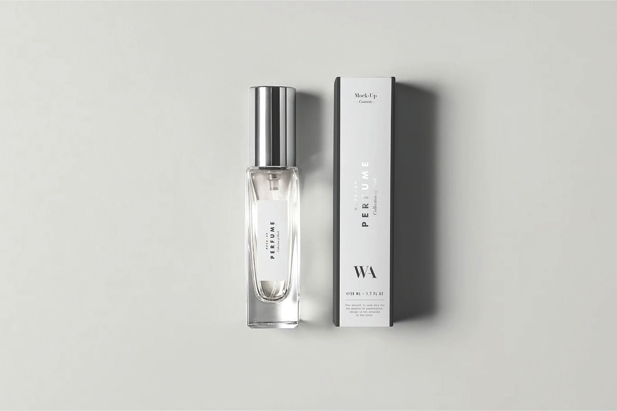 Clean Perfume Flat Lay Mockup, an Advertising Mockup by DesignRushMarket (Photo 1 of 2)