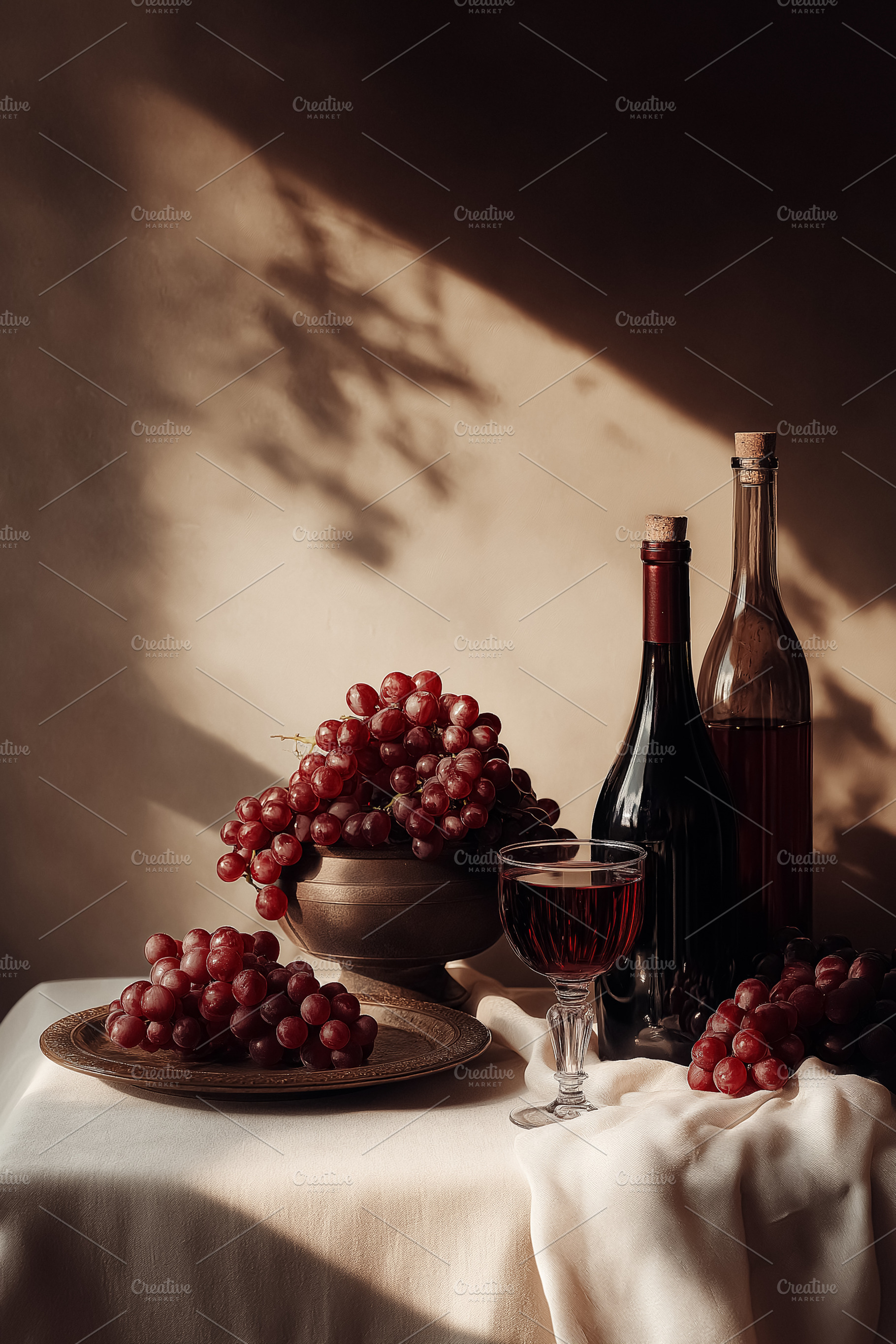 Still life composition featuring red grapes in bronze bowls, a glass of red win, a Food & Drink Photo by Studio ANNA