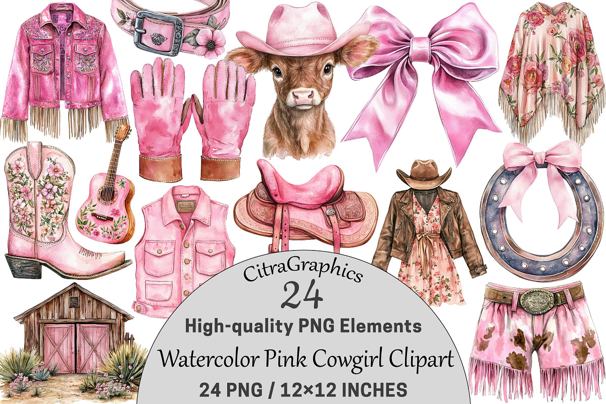 Watercolor Pink Cowgirl Clipart, a Seasonal Illustration by CitraGraphics (Photo 1 of 5)