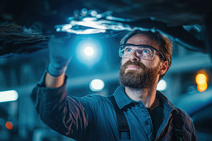 Mechanic inspecting car underside in, a Photo by Pixeness Studio