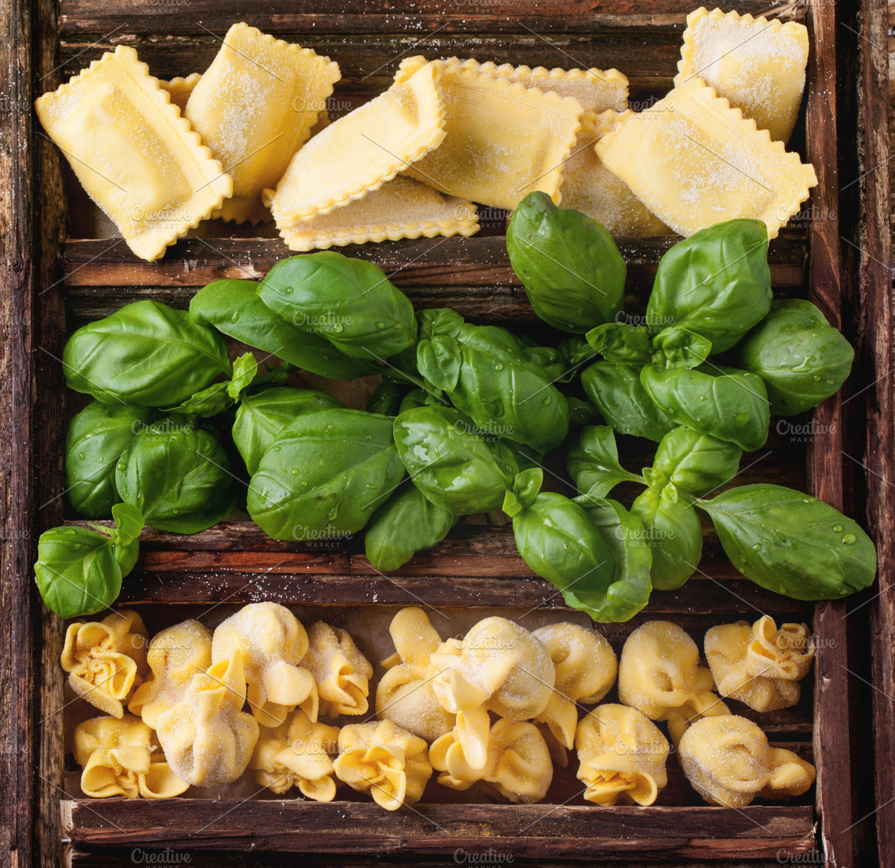 Box Of Pasta Ravioli And Basil Stock Photo Containing Pasta And Ravioli