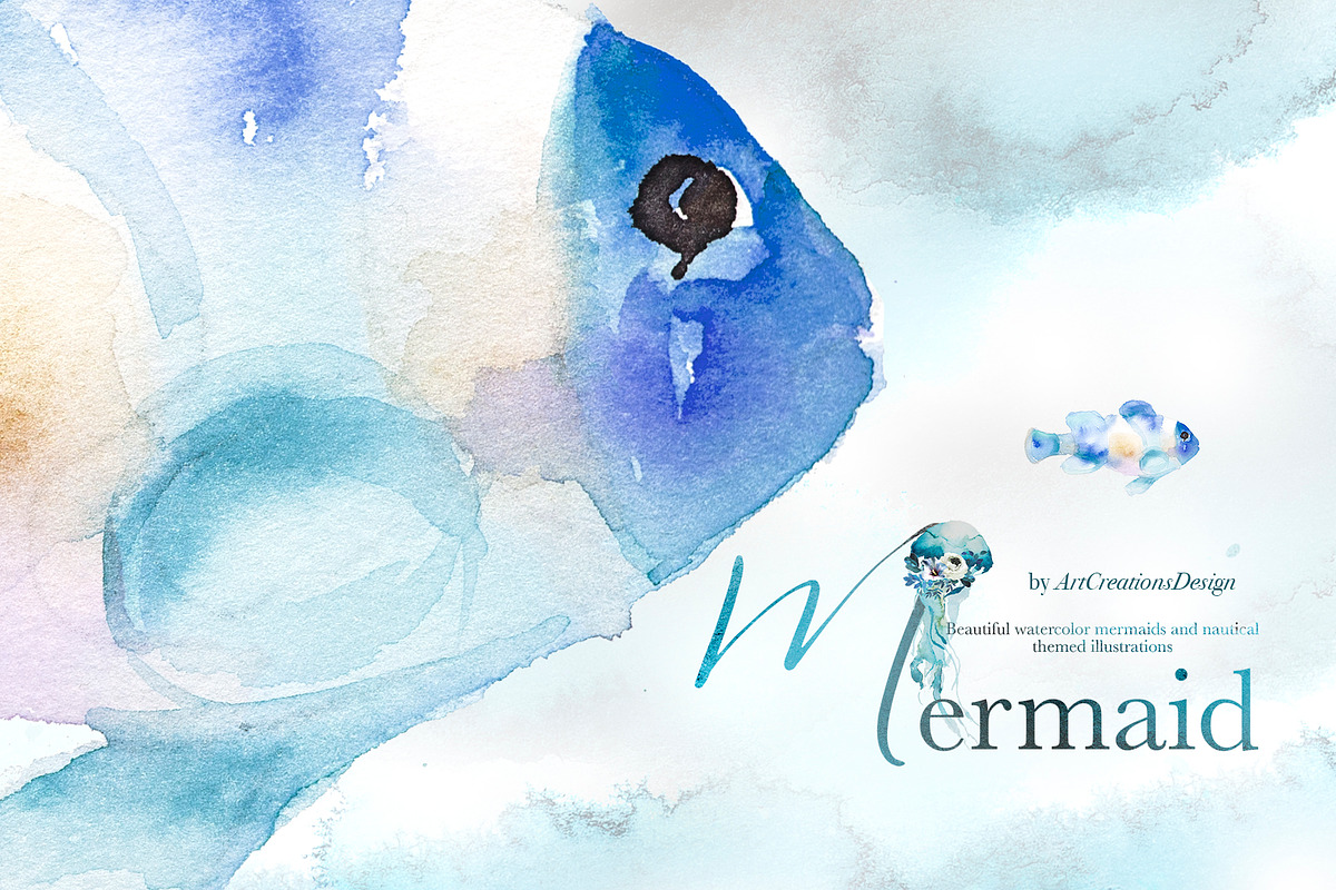 Hand-Painted Mermaid Clipart Set, a Person Illustration by ArtCreationsDesign (Photo 20 of 24)