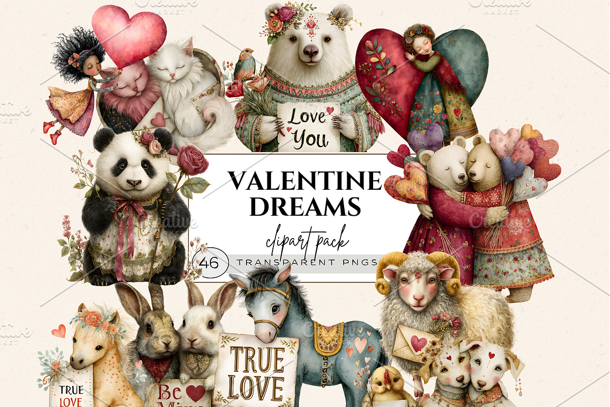 VALENTINE DREAM ANIMALS CLIPART PACK, an Animal Illustration by Daring Digies (Photo 1 of 8)