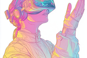 Woman in VR headset exploring virtua, an Abstract Photo by Pixeness Studio